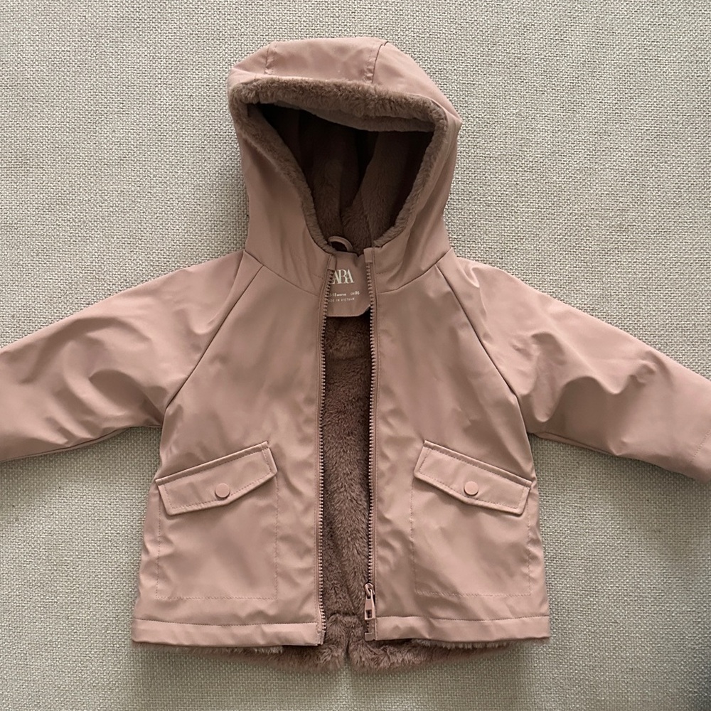 ZARA Baby Mauve Waterproof Jacket with Faux-Fur Lining